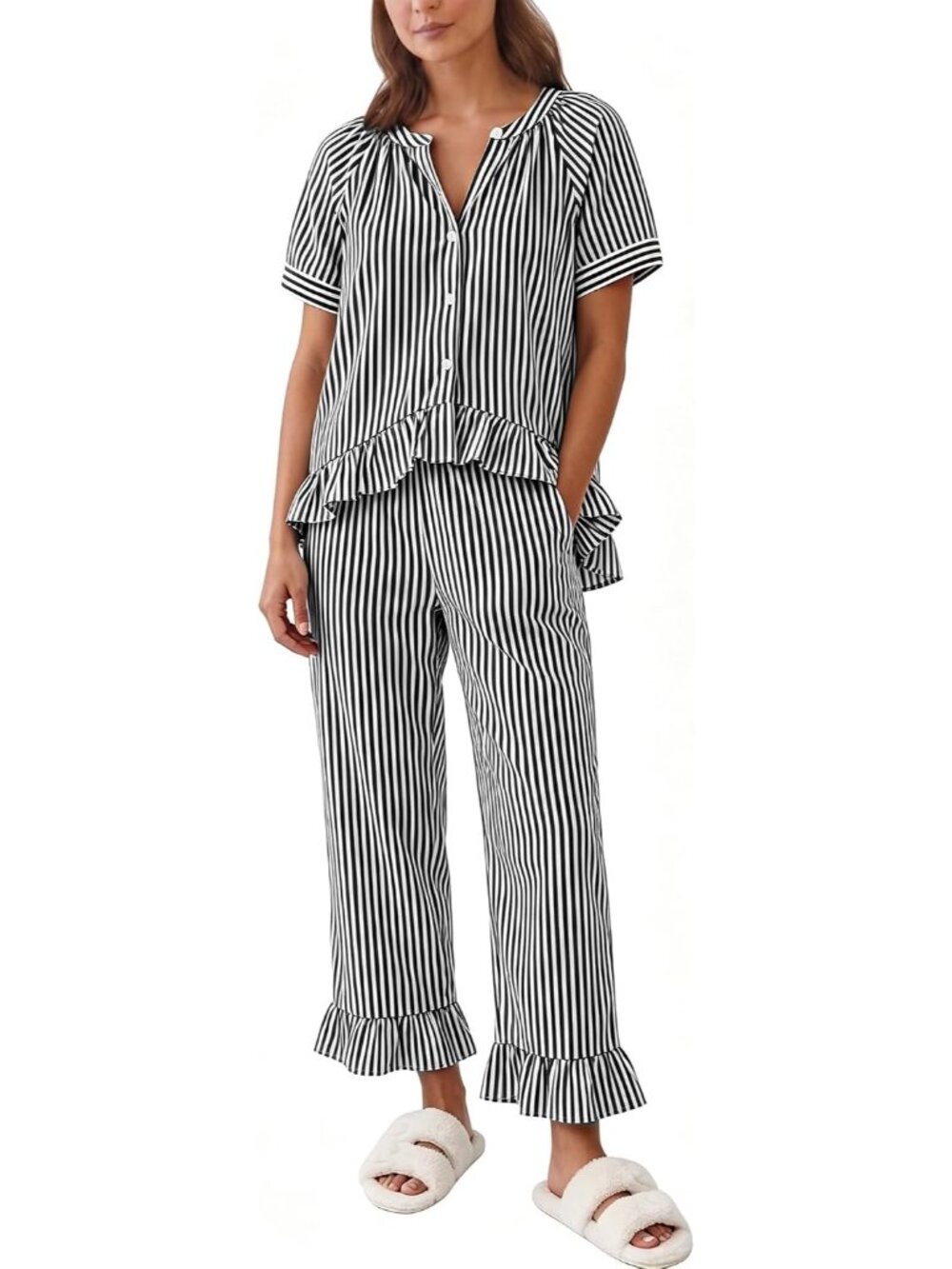 Women's Black Cotton Short Sleeve Button Down Shirt 2 Piece Pajama Set